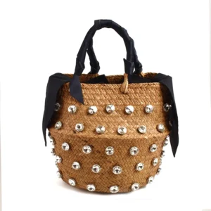 Handmade Embellished Straw Beach Bag Summer Holiday Woven Ladies Bucket with Pearl And Diamond Designer Hot Handbag