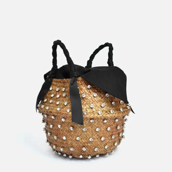 Handmade Embellished Straw Beach Bag Summer Holiday Woven Ladies Bucket with Pearl And Diamond Designer Hot Handbag - Image 3