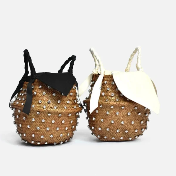 Handmade Embellished Straw Beach Bag Summer Holiday Woven Ladies Bucket with Pearl And Diamond Designer Hot Handbag - Image 4