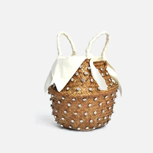 Handmade Embellished Straw Beach Bag Summer Holiday Woven Ladies Bucket with Pearl And Diamond Designer Hot Handbag - Image 5