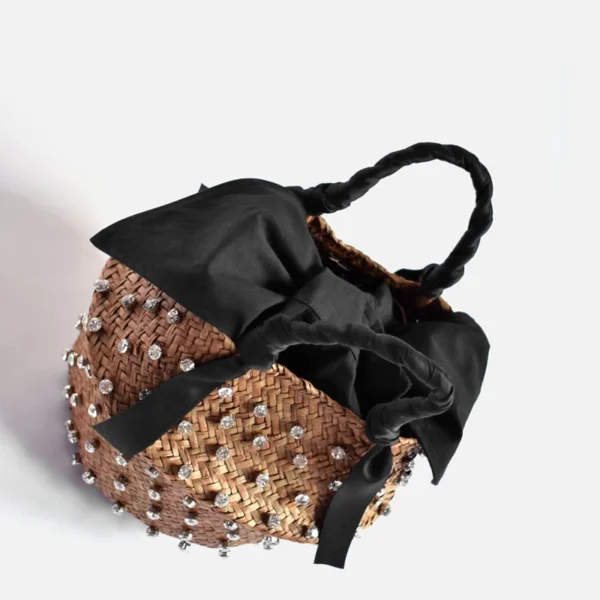 Handmade Embellished Straw Beach Bag Summer Holiday Woven Ladies Bucket with Pearl And Diamond Designer Hot Handbag - Image 6