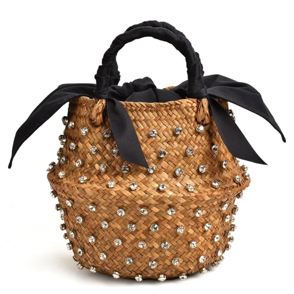 Handmade Embellished Straw Beach Bag Summer Holiday Woven Ladies Bucket with Pearl And Diamond Designer Hot Handbag - Image 7