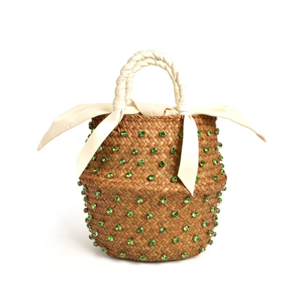 Handmade Embellished Straw Beach Bag Summer Holiday Woven Ladies Bucket with Pearl And Diamond Designer Hot Handbag - Image 8