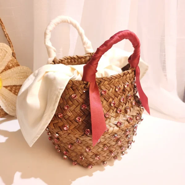 Handmade Embellished Straw Beach Bag Summer Holiday Woven Ladies Bucket with Pearl And Diamond Designer Hot Handbag - Image 9