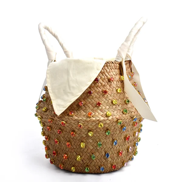 Handmade Embellished Straw Beach Bag Summer Holiday Woven Ladies Bucket with Pearl And Diamond Designer Hot Handbag - Image 10