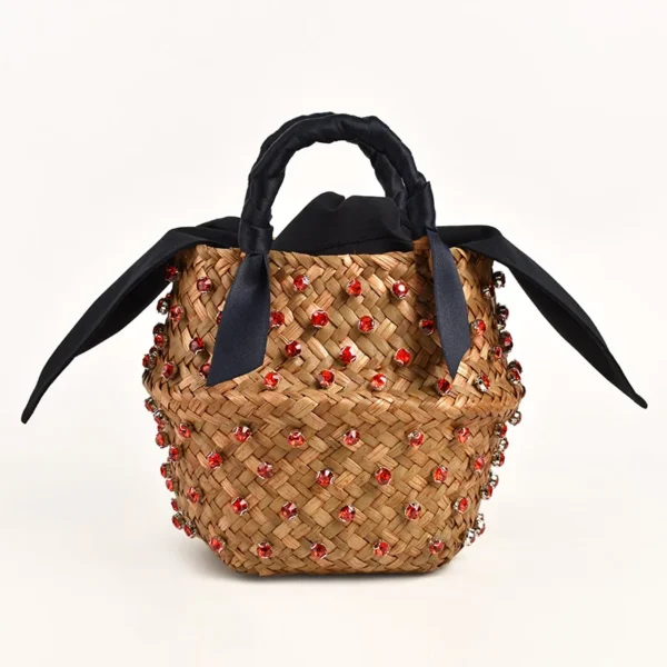 Handmade Embellished Straw Beach Bag Summer Holiday Woven Ladies Bucket with Pearl And Diamond Designer Hot Handbag - Image 11