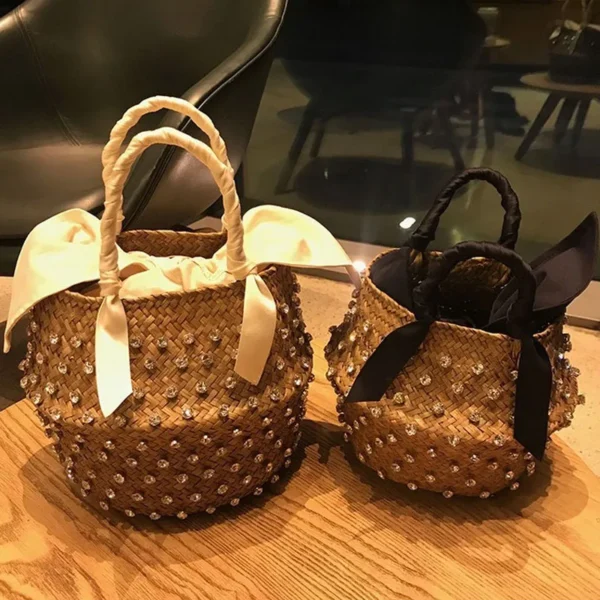 Handmade Embellished Straw Beach Bag Summer Holiday Woven Ladies Bucket with Pearl And Diamond Designer Hot Handbag - Image 12