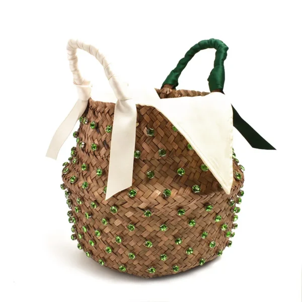 Handmade Embellished Straw Beach Bag Summer Holiday Woven Ladies Bucket with Pearl And Diamond Designer Hot Handbag - Image 13