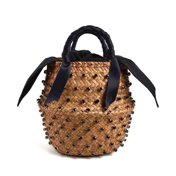 Handmade Embellished Straw Beach Bag Summer Holiday Woven Ladies Bucket with Pearl And Diamond Designer Hot Handbag - Image 14