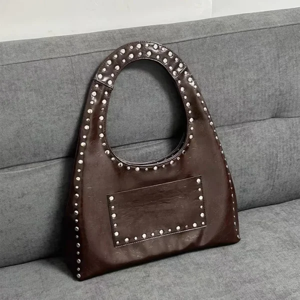 Retro Rivet Underarm Shoulder Bag,Wasteland Style Metal Stud Motorcycle Bag,Oil Wax Leather Women Handbag Brown Side Tote Bags