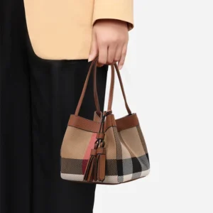 Aidrani   New plaid design women's small handbag, made of canvas and cowhide materials, caramel color