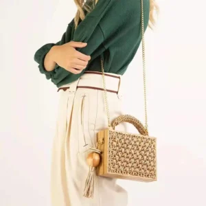 2023 Summer Beach Bamboo Tassel Straw Woven Bag Cross-body Single Shoulder Beach Handag Rattan Rope Square Chain Strap Box