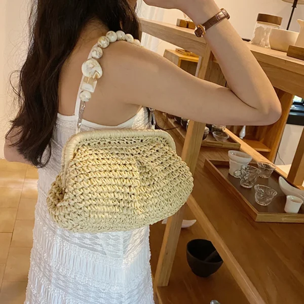 Summer Designer Beach  Handbag Hobo Chain Crossbody Bag 2023 Fashion Women Straw Woven Bags Stone Chain Small Bucket Bag