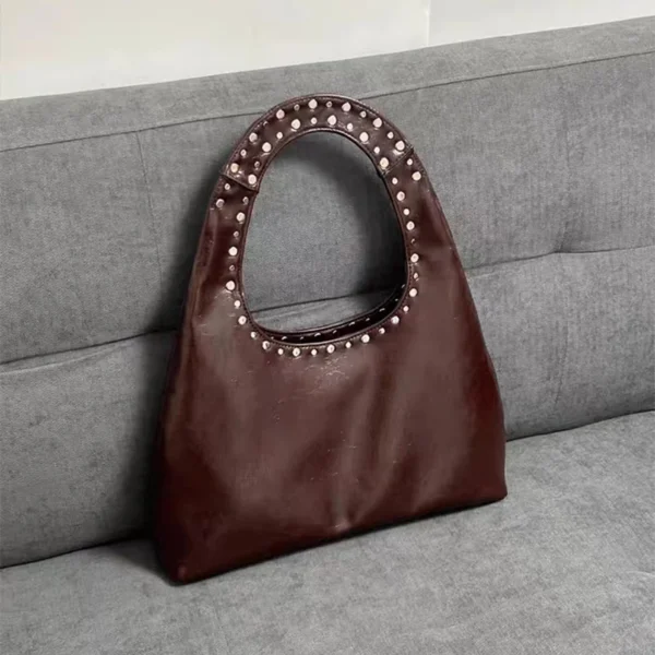 Retro Rivet Underarm Shoulder Bag,Wasteland Style Metal Stud Motorcycle Bag,Oil Wax Leather Women Handbag Brown Side Tote Bags - Image 3