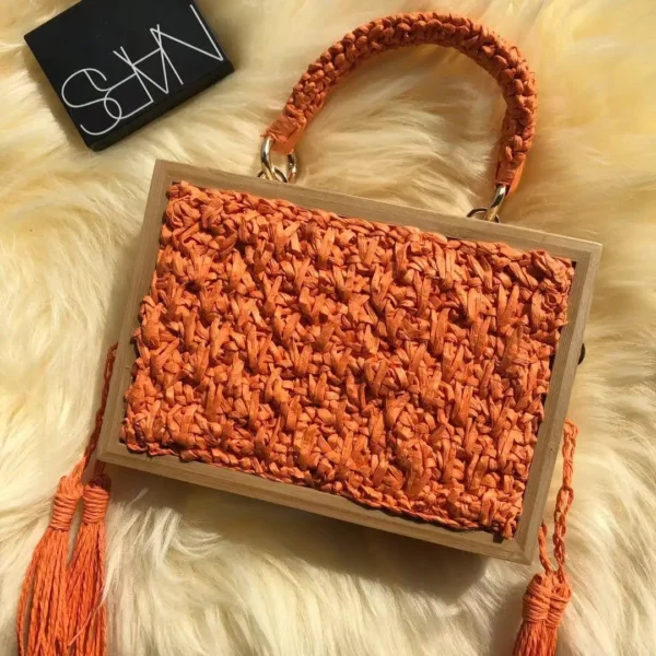 2023 Summer Beach Bamboo Tassel Straw Woven Bag Cross-body Single Shoulder Beach Handag Rattan Rope Square Chain Strap Box - Image 3