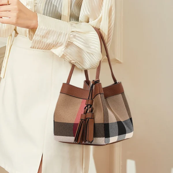 Aidrani   New plaid design women's small handbag, made of canvas and cowhide materials, caramel color - Image 3