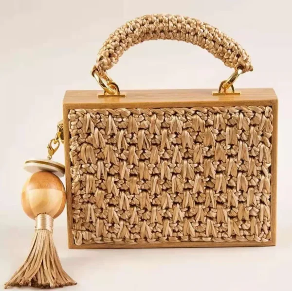 2023 Summer Beach Bamboo Tassel Straw Woven Bag Cross-body Single Shoulder Beach Handag Rattan Rope Square Chain Strap Box - Image 5