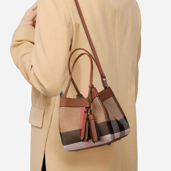 Aidrani   New plaid design women's small handbag, made of canvas and cowhide materials, caramel color - Image 4