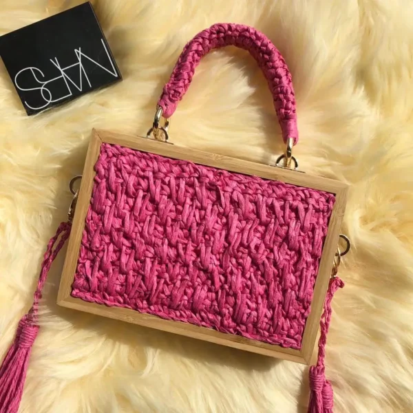 2023 Summer Beach Bamboo Tassel Straw Woven Bag Cross-body Single Shoulder Beach Handag Rattan Rope Square Chain Strap Box - Image 6