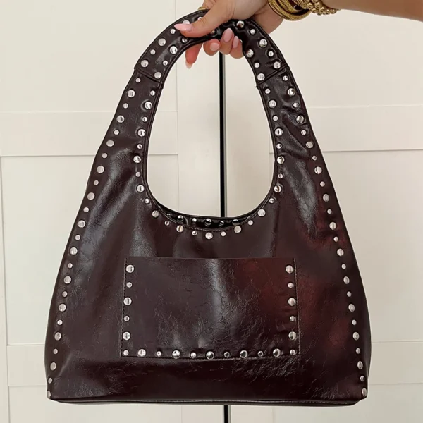 Retro Rivet Underarm Shoulder Bag,Wasteland Style Metal Stud Motorcycle Bag,Oil Wax Leather Women Handbag Brown Side Tote Bags - Image 6
