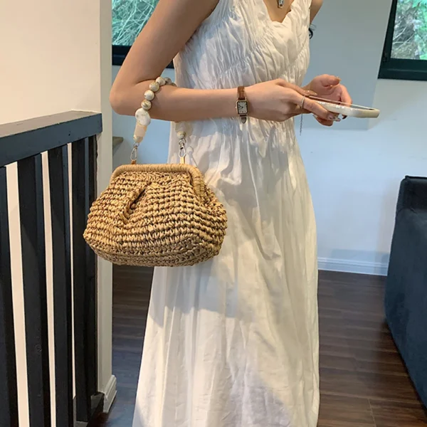 Summer Designer Beach  Handbag Hobo Chain Crossbody Bag 2023 Fashion Women Straw Woven Bags Stone Chain Small Bucket Bag - Image 3
