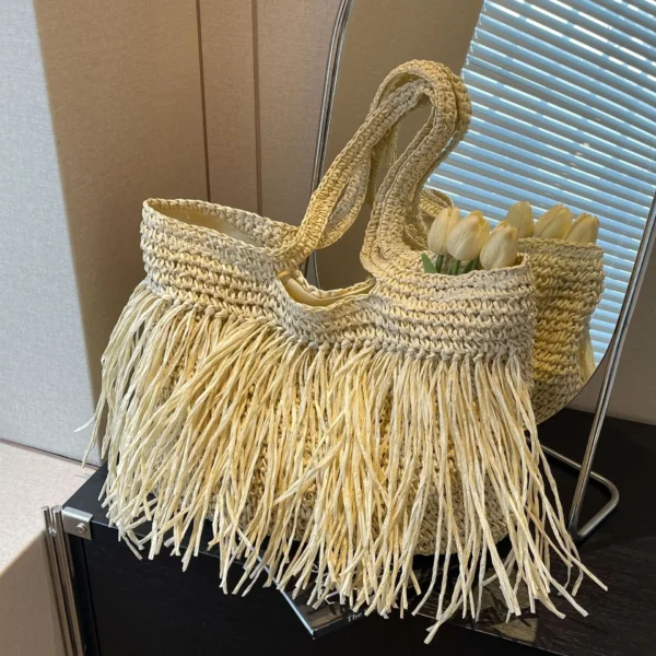 Casual Tassel Woven Women Shoulder Bags Handmade Fringe Lady Handbags Summer Beach Large Tote Bag Big Shopper Purse for Vacation - Image 4