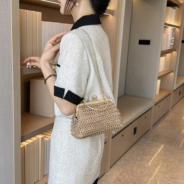 Summer Designer Beach  Handbag Hobo Chain Crossbody Bag 2023 Fashion Women Straw Woven Bags Stone Chain Small Bucket Bag - Image 4