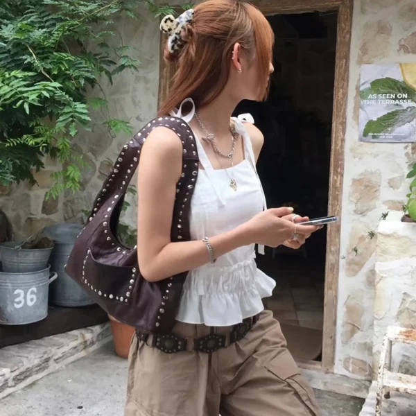 Retro Rivet Underarm Shoulder Bag,Wasteland Style Metal Stud Motorcycle Bag,Oil Wax Leather Women Handbag Brown Side Tote Bags - Image 7