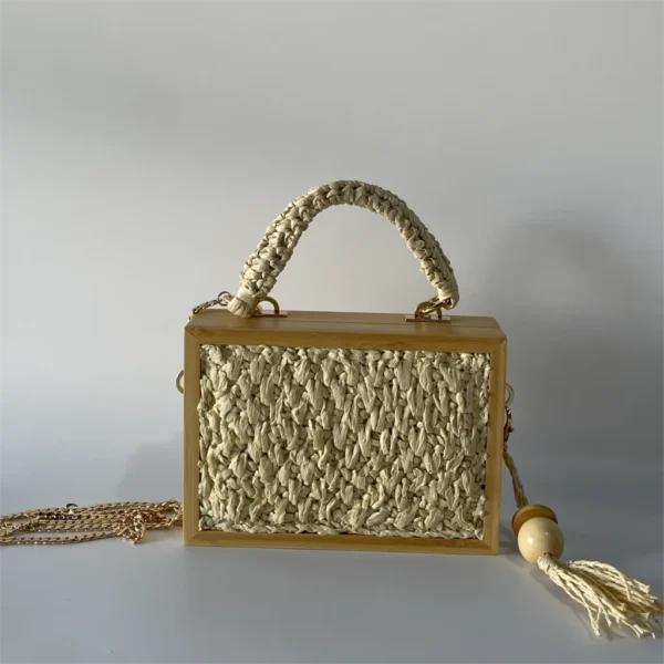 2023 Summer Beach Bamboo Tassel Straw Woven Bag Cross-body Single Shoulder Beach Handag Rattan Rope Square Chain Strap Box - Image 8