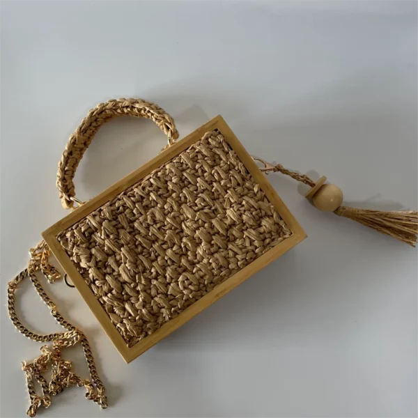 2023 Summer Beach Bamboo Tassel Straw Woven Bag Cross-body Single Shoulder Beach Handag Rattan Rope Square Chain Strap Box - Image 9