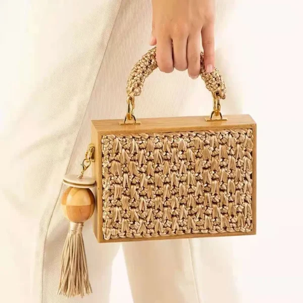 2023 Summer Beach Bamboo Tassel Straw Woven Bag Cross-body Single Shoulder Beach Handag Rattan Rope Square Chain Strap Box - Image 10
