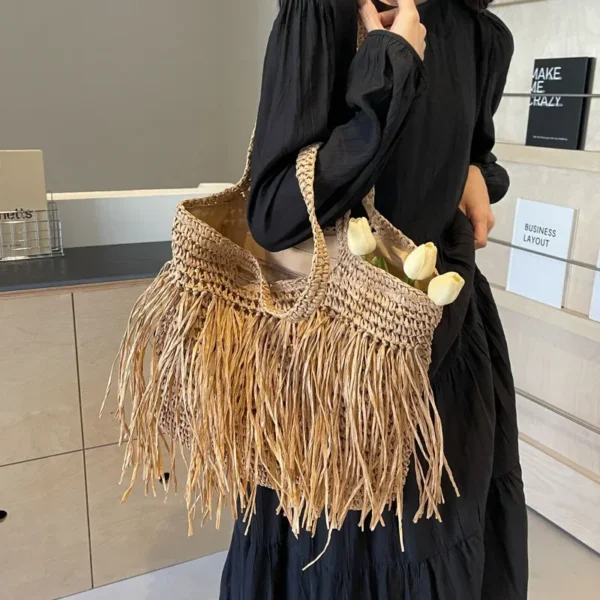 Casual Tassel Woven Women Shoulder Bags Handmade Fringe Lady Handbags Summer Beach Large Tote Bag Big Shopper Purse for Vacation - Image 5