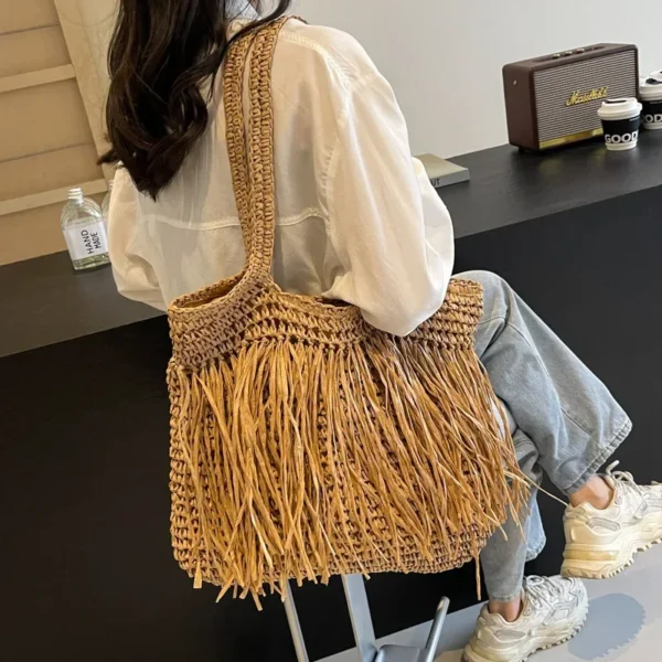 Casual Tassel Woven Women Shoulder Bags Handmade Fringe Lady Handbags Summer Beach Large Tote Bag Big Shopper Purse for Vacation - Image 6