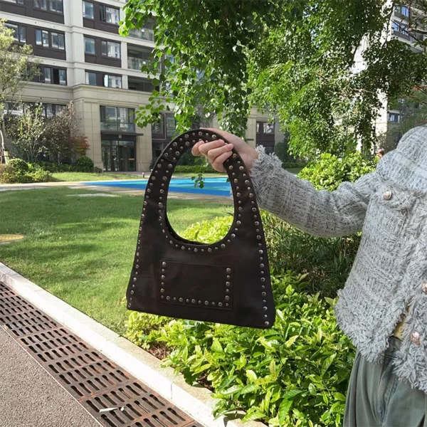 Retro Rivet Underarm Shoulder Bag,Wasteland Style Metal Stud Motorcycle Bag,Oil Wax Leather Women Handbag Brown Side Tote Bags - Image 8