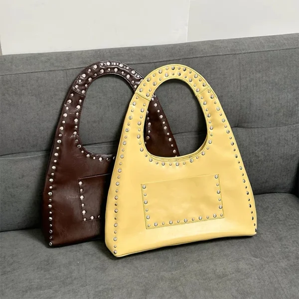Retro Rivet Underarm Shoulder Bag,Wasteland Style Metal Stud Motorcycle Bag,Oil Wax Leather Women Handbag Brown Side Tote Bags - Image 9